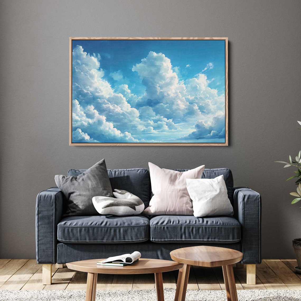 Fluffy White Clouds Blue Sky Wall Art Print Ready To Hang