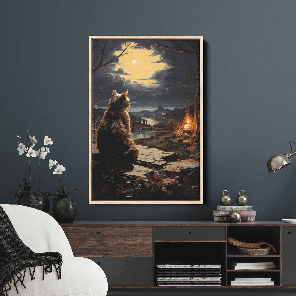 Long Haired Cat Gazing At Moonlit Coastal Town Night Painting Wall Art - Image 3