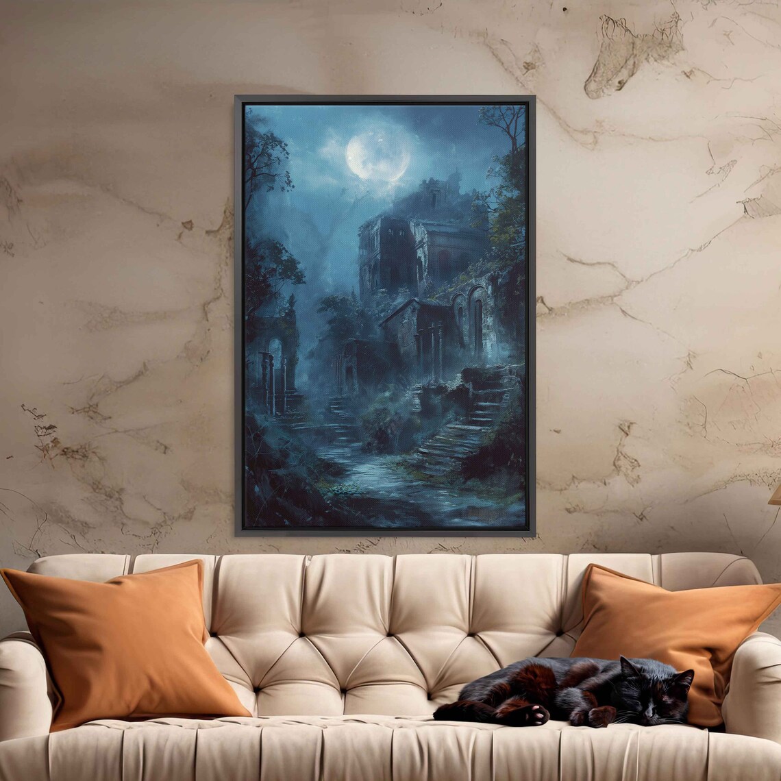 Eerie Abandoned Village Ruins Under Full Moon Foggy Night Poster - Image 3