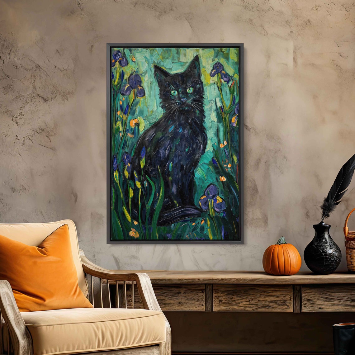 Black Cat Green Eyed Iris Garden Flowers Whimsical Portrait Art Poster - Image 2