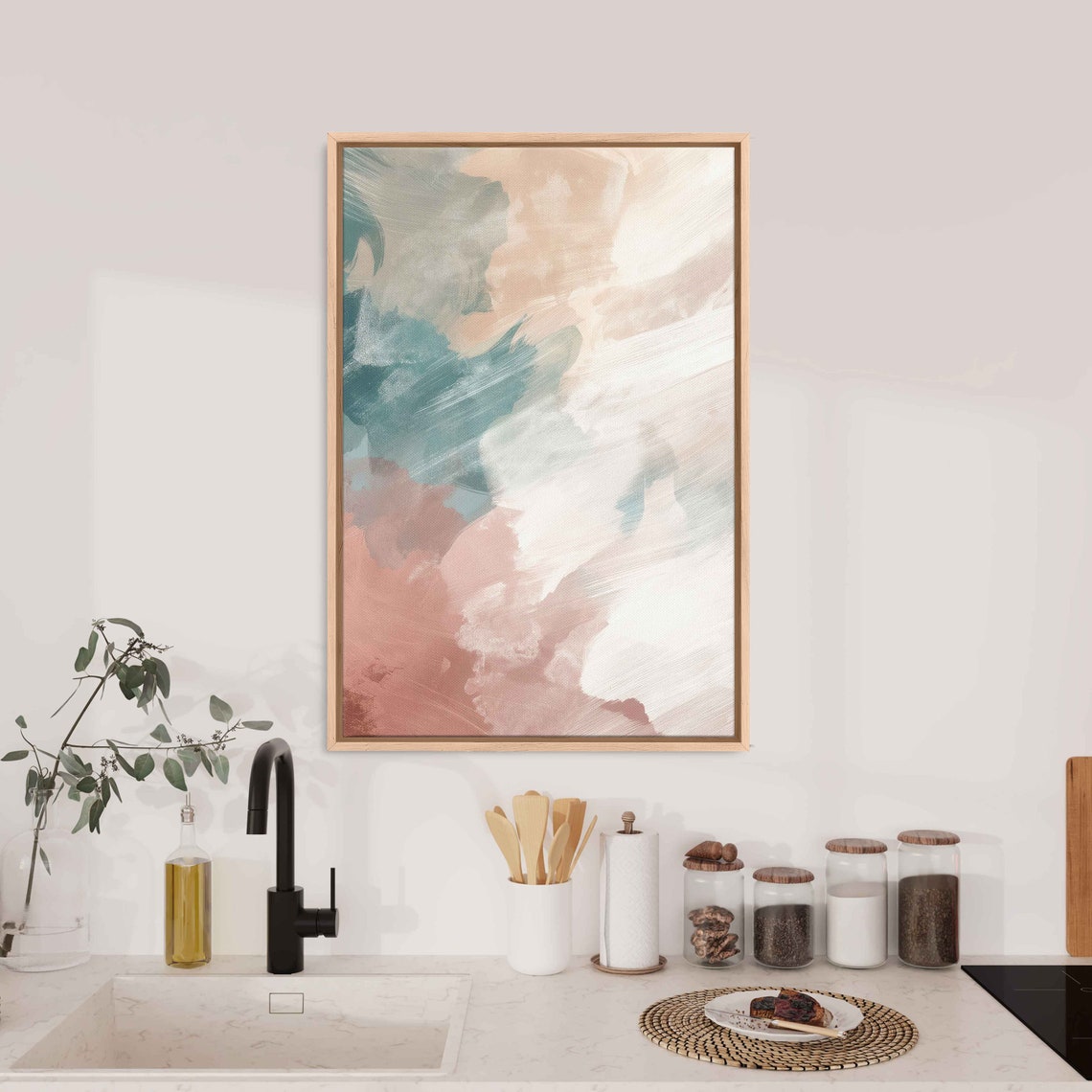 Teal White Rose Vertical Brushstrokes Pastel Abstract Painting Poster