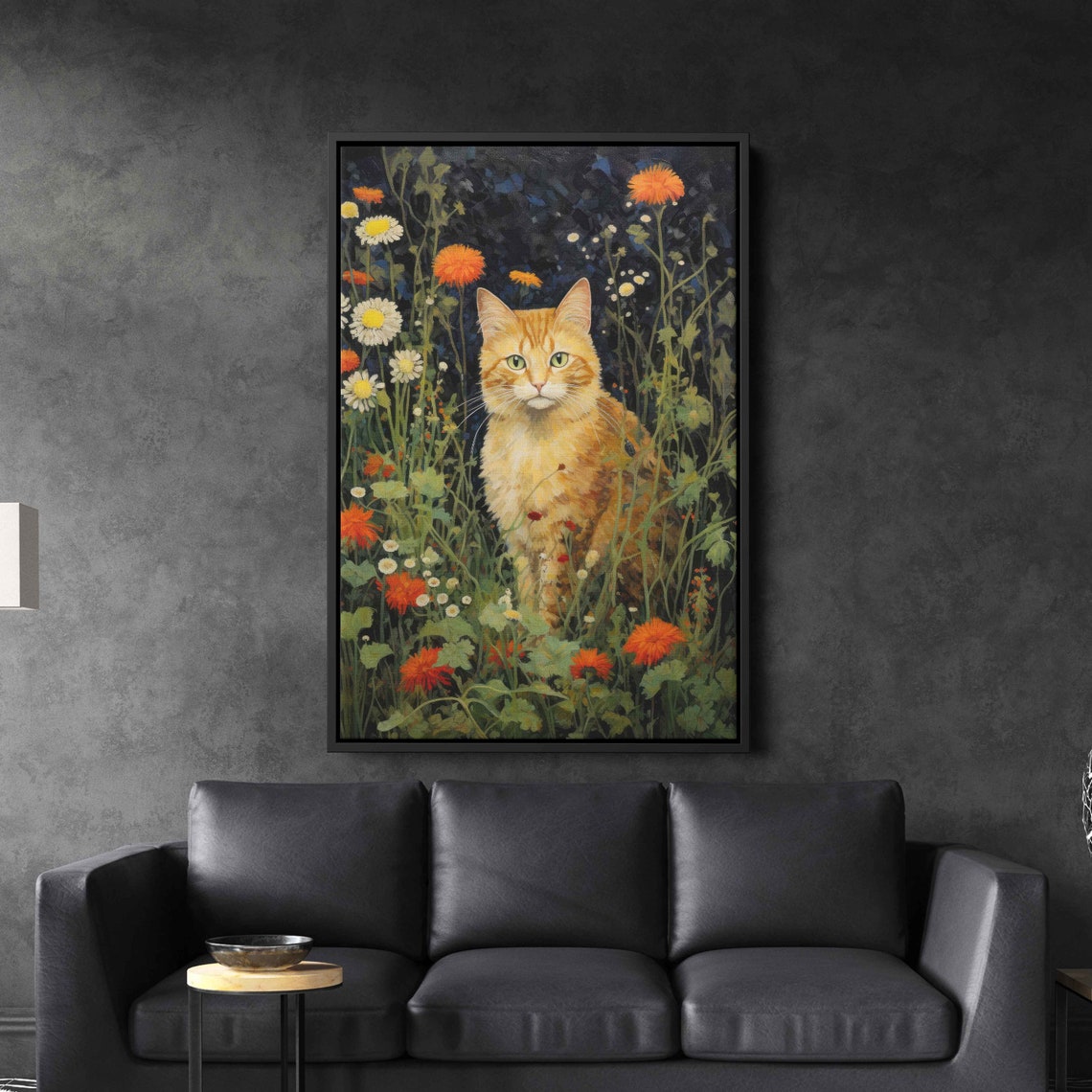 Orange Tabby Cat Among Wildflowers At Night Garden Painting Print - Image 2