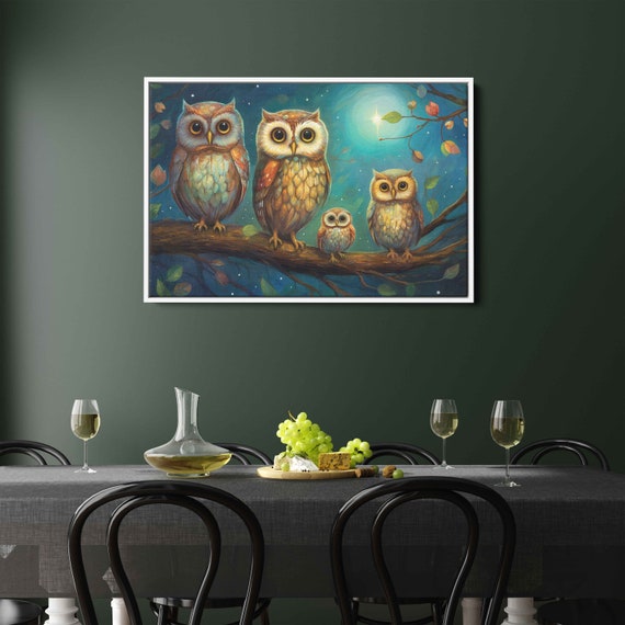 Whimsical Cute Owl Family Painting Framed Print Ready To Hang Enchanted Woodlands Wall Art