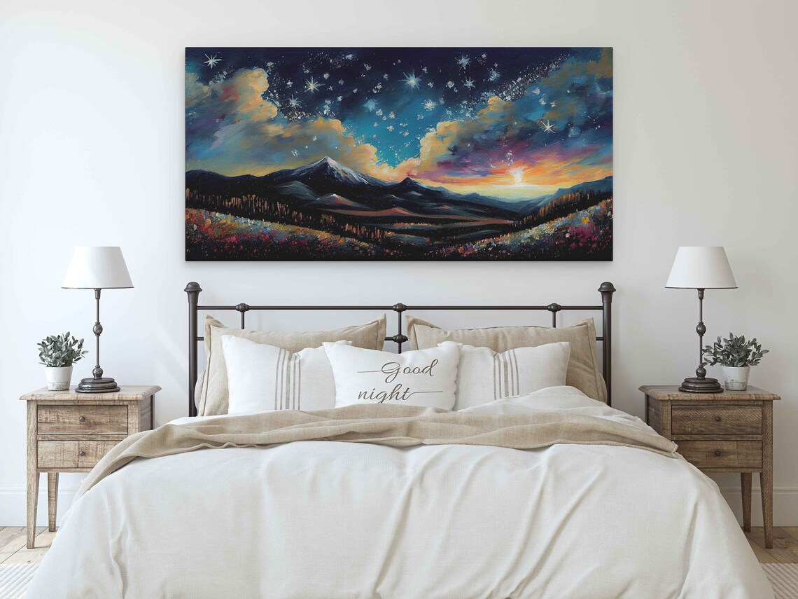 Starry Night Sky Over Snowcapped Mountains Colorful Clouds Oil Painting Travel Poster - Image 2