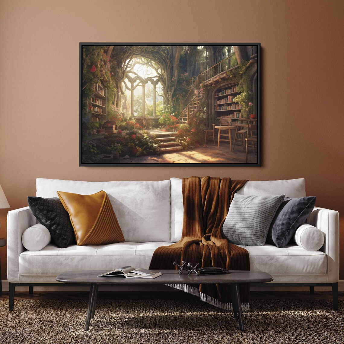 Magical Treehouse Library Staircase Bookshelf Wall Sunlit Fantasy Poster - Image 3