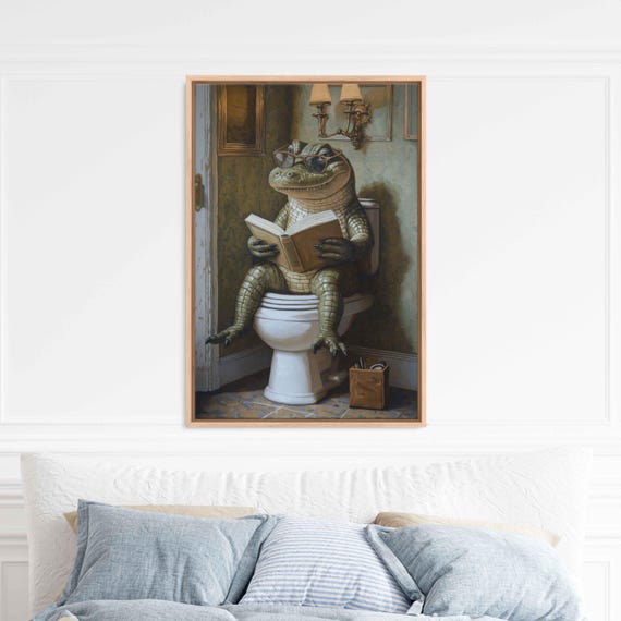 Alligator Reading A History Book Wall Art Print Whimsical Vintage Bathroom Design