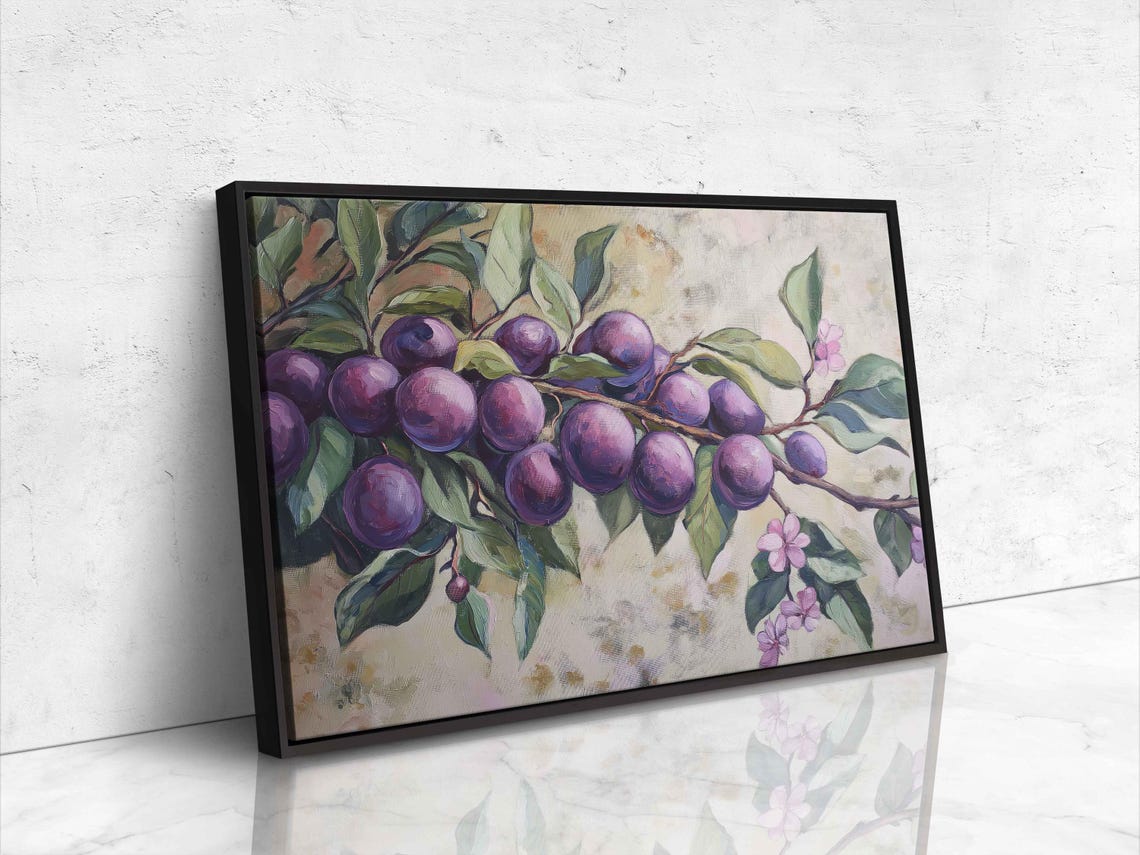 Ripe Purple Plums On Branch With Pink Blossom Botanical Art Print - Image 4