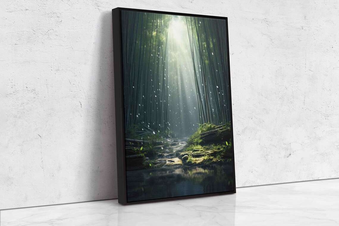 Bamboo Forest Wall Art Ready To Hang Gift For Nature Lover Sunrays Shining Through Forest Pond Reflection Ready To Hang - Image 4