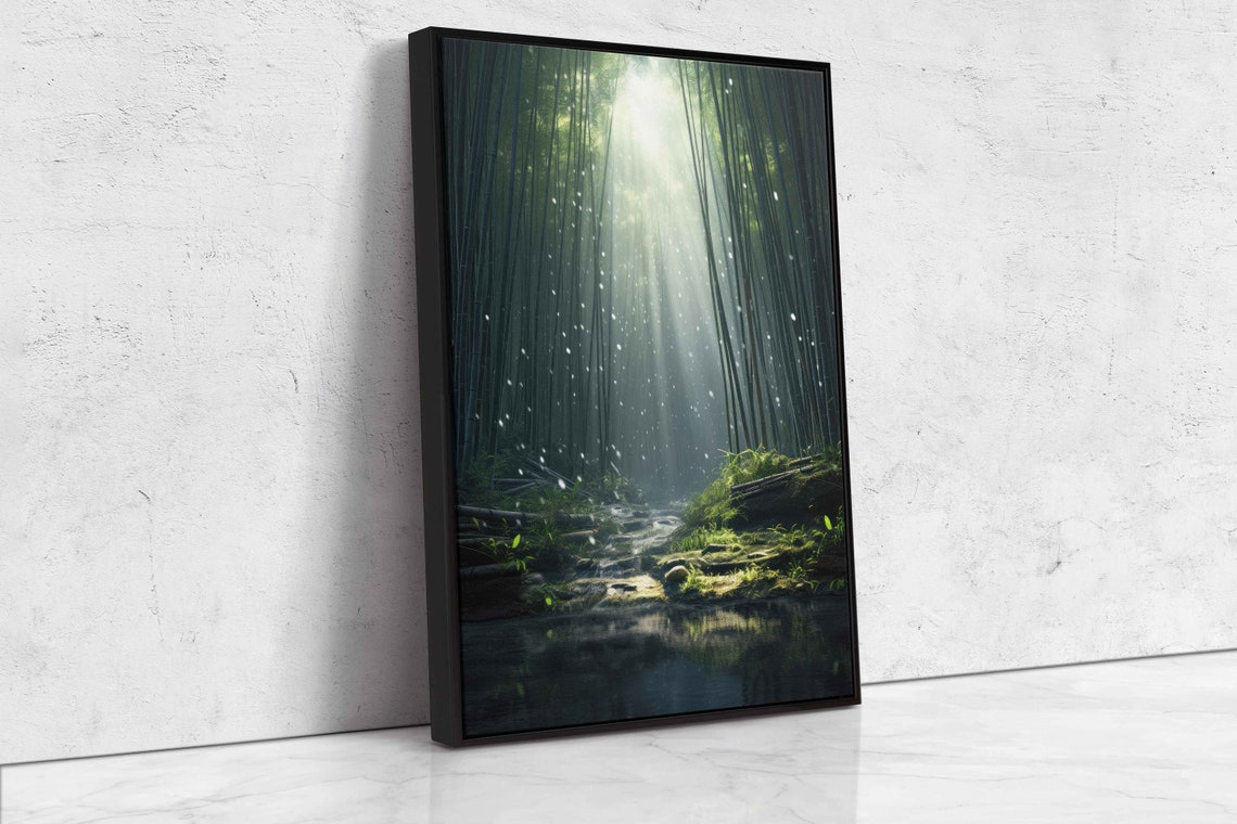 Sunlit Bamboo Forest Sunbeam Pond Reflection Serene Nature Poster - Image 4