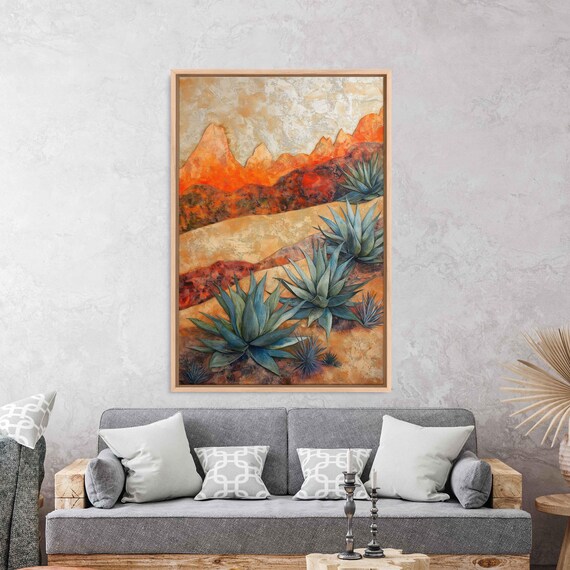 Agave Plants In Desert Wall Art Print Warm Orange And Red Colors Textured Acrylic Painting