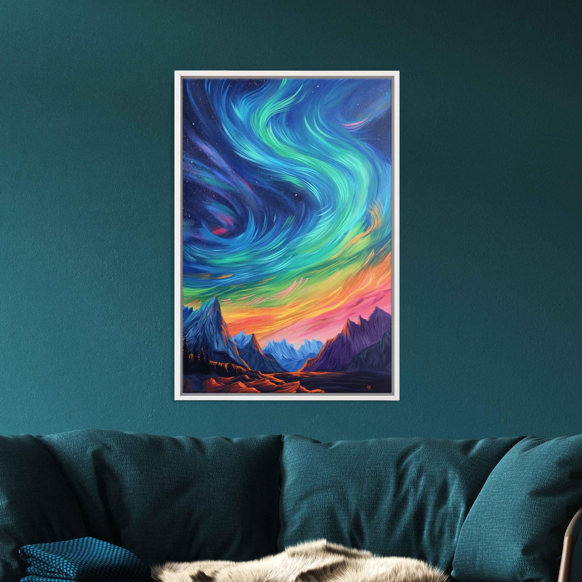 Rainbow Aurora Borealis Night Sky Over Jagged Mountain Peaks Poster - Image 3