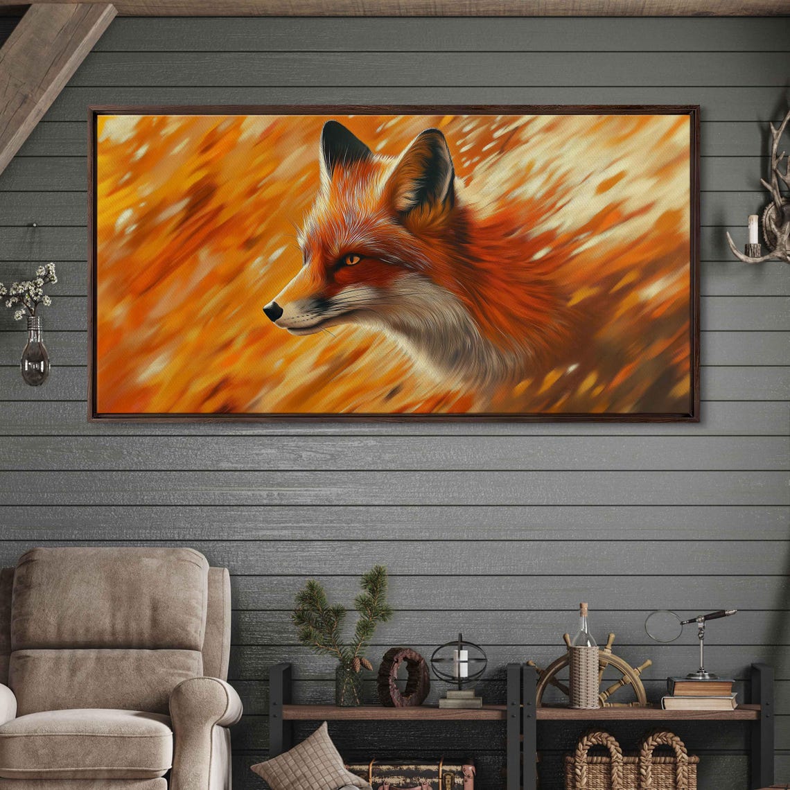 Red Fox Profile Swirling Orange Autumn Meadow Field Wall Art Print