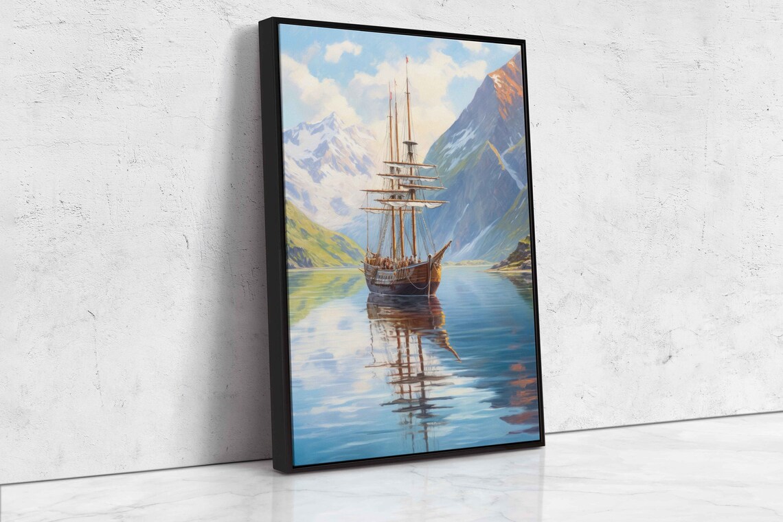 Tall Ship Sailing Mountain Fjord Calm Blue Water Reflection Wall Art Poster - Image 4