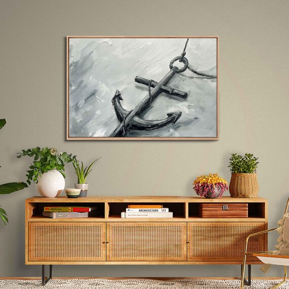 Grayscale Ship Anchor Rope Impasto Black White Nautical Wall Poster