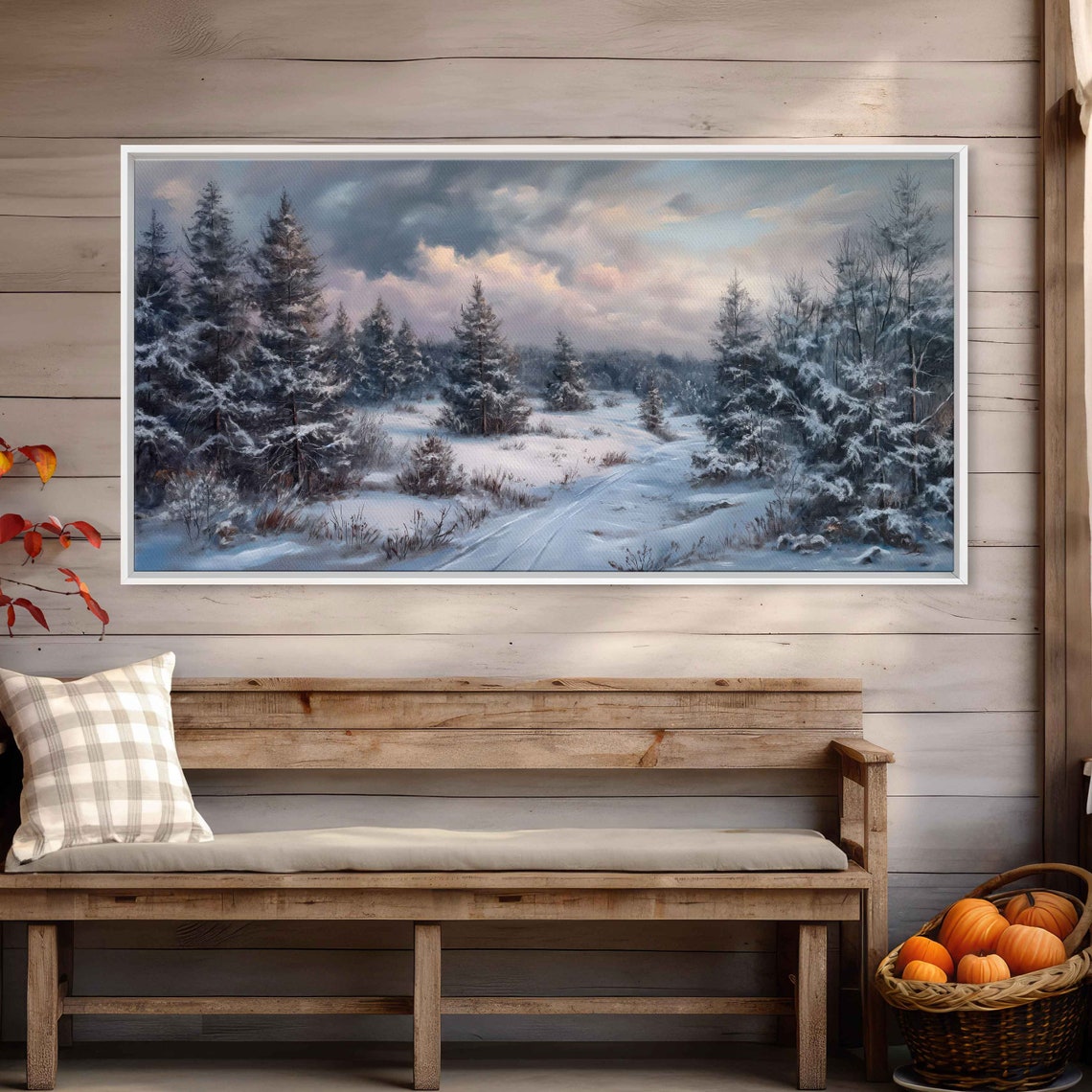 Snowy Winter Forest Path Pine Trees Cloudy Sky Landscape Poster - Image 3
