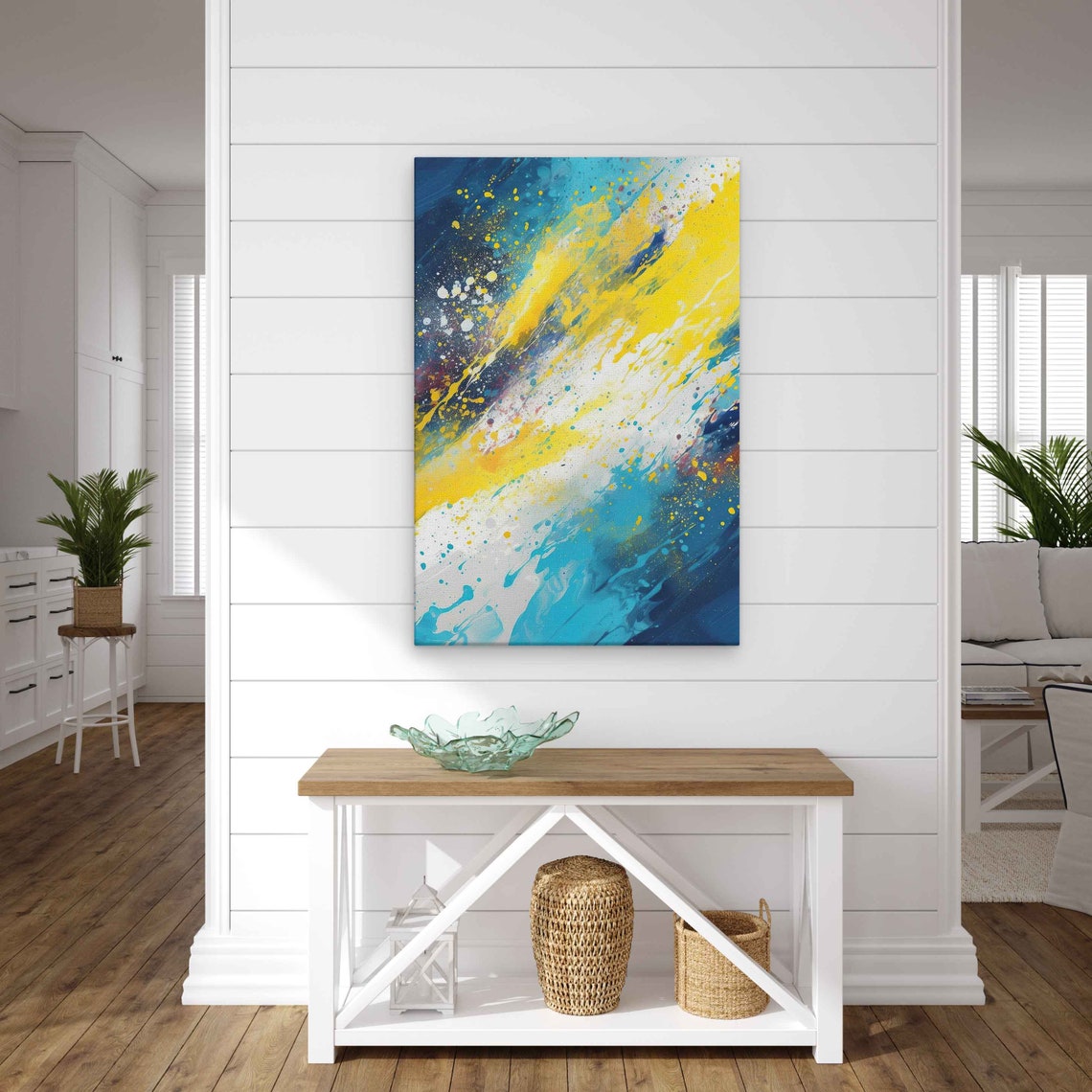 Yellow Blue Abstract Splatter Painting Print On Ready To Hang Eclectic Abstract Trendy Wall Decor Bathroom Decor - Image 2