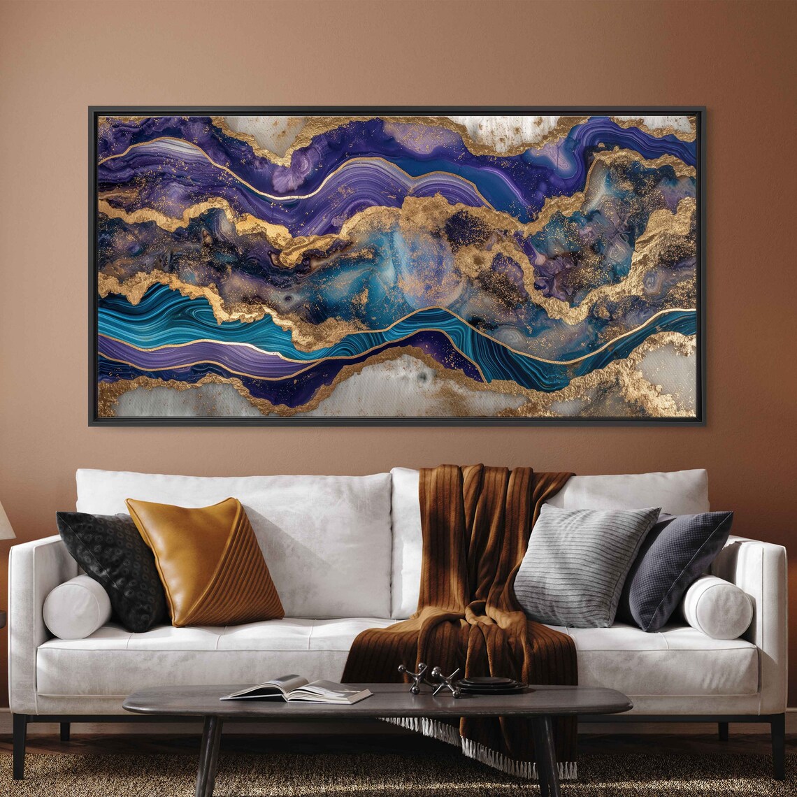 Blue Purple Marble Geode Gold Trim Abstract Epoxy Luxury Panoramic Art Poster - Image 3
