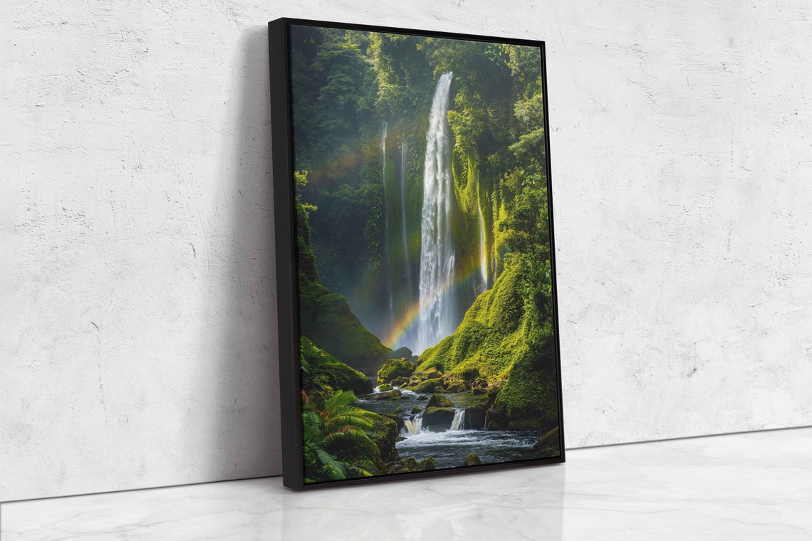Waterfall Rainbow Cascading Down Moss Covered Rocks Wall Art Print Tropical Landscape Tranquil Art Ready To Hang - Image 4