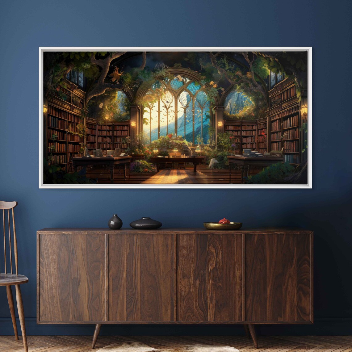 Enchanted Treehouse Library Night Glowing Windows Fireflies Fantasy Poster - Image 2
