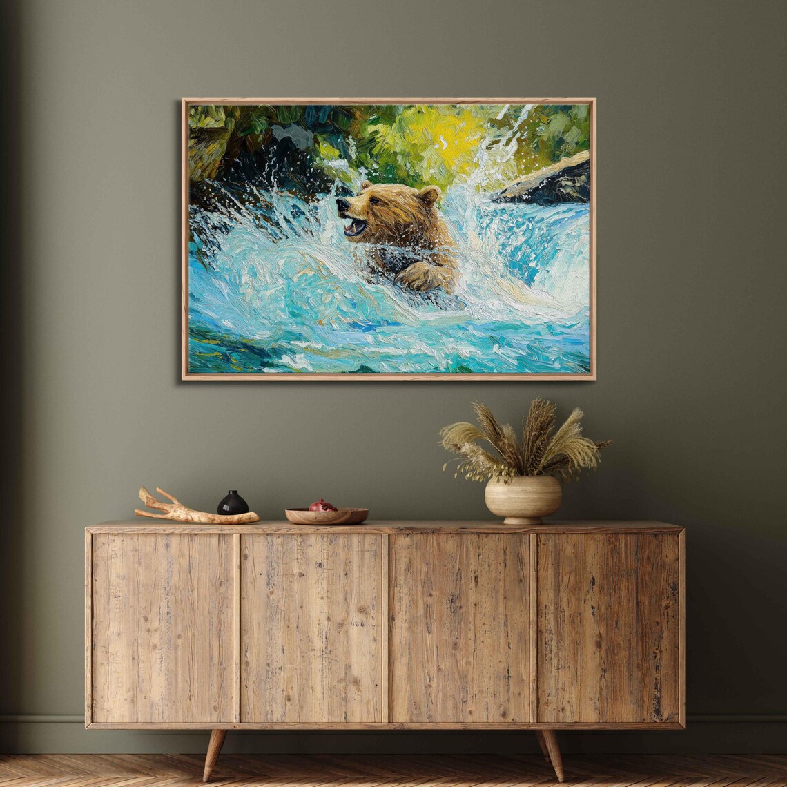 Grizzly Bear Fishing Dynamic River Splash Expressive Oil Painting Poster