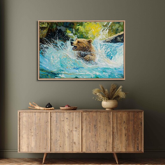 Grizzly Bear Fishing Dynamic River Splash Expressive Oil Painting Poster