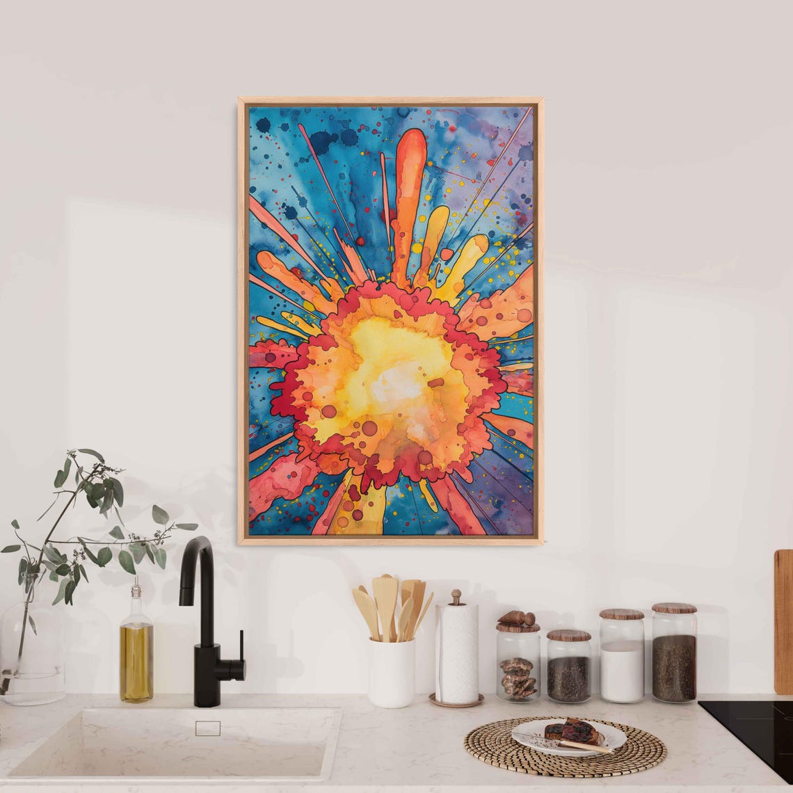Pop Art Explosion Sunburst Watercolor In Orange Yellow And Blue Poster