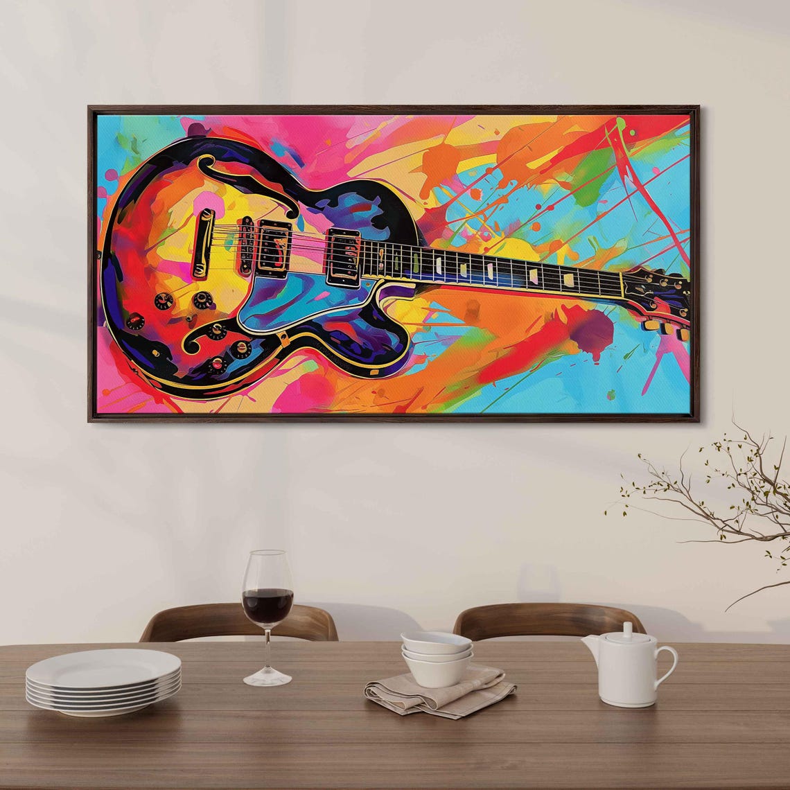 Neon Pop Art Electric Guitar With Colorful Paint Splashes Music Poster - Image 3