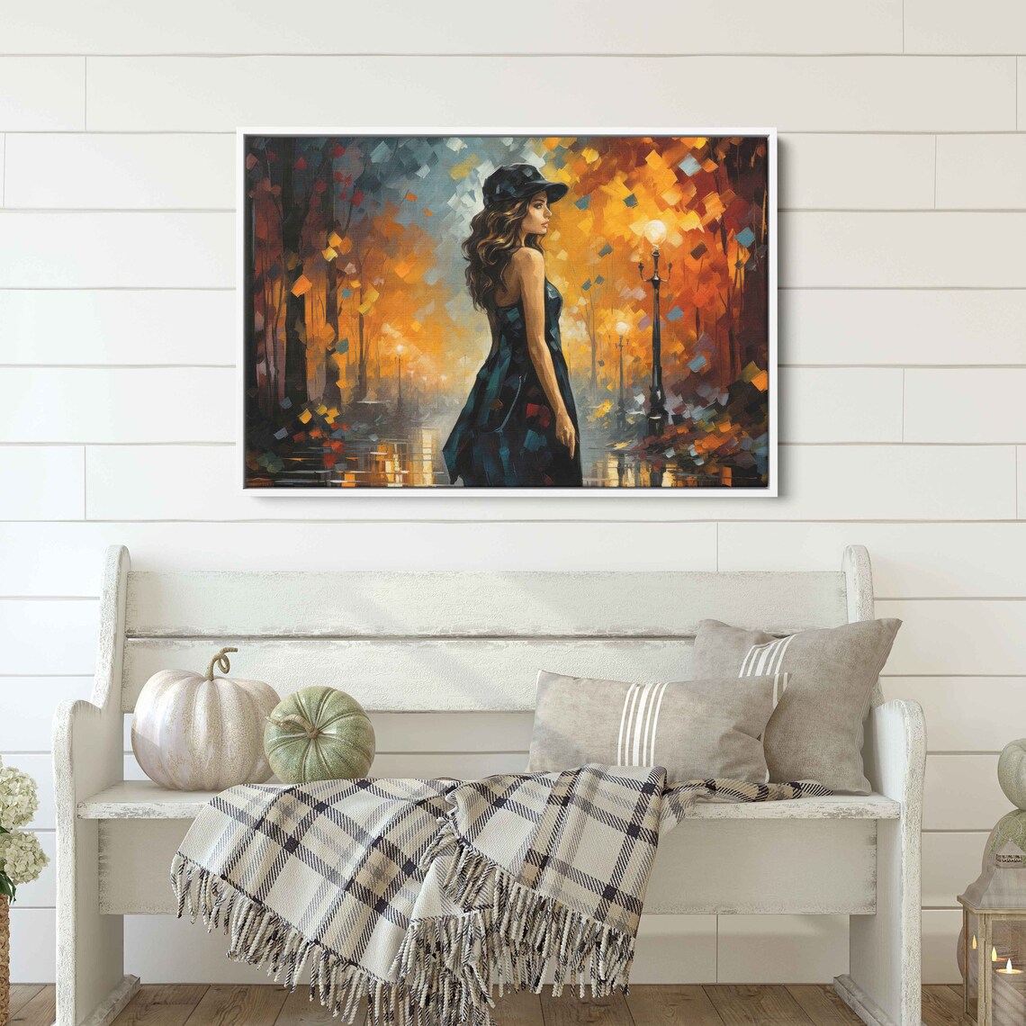 Woman Walking Autumn Night Street Palette Knife City Rain Lamp Art - Image 3