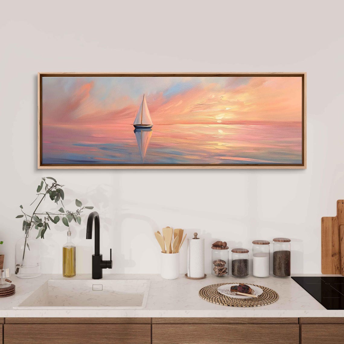 Sailboat On Pink Sunset Sea Mirror Reflection Panoramic Poster - Image 3