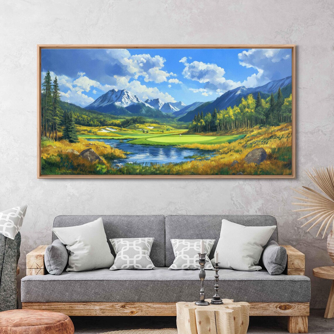 Scenic Golf Course In Mountains Wall Art Print Vibrant Oil Painting Clear Blue Sky