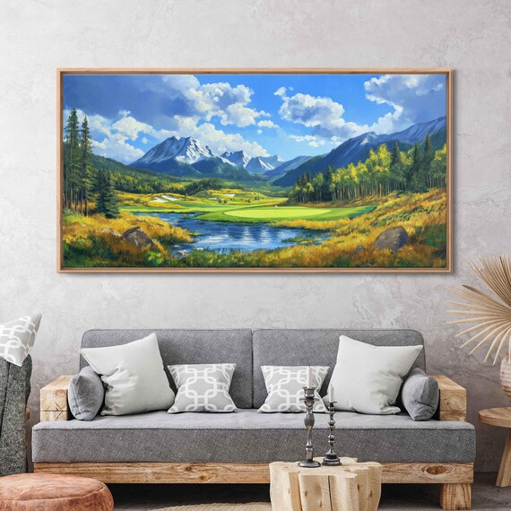 Scenic Golf Course In Mountains Wall Art Print Vibrant Oil Painting Clear Blue Sky