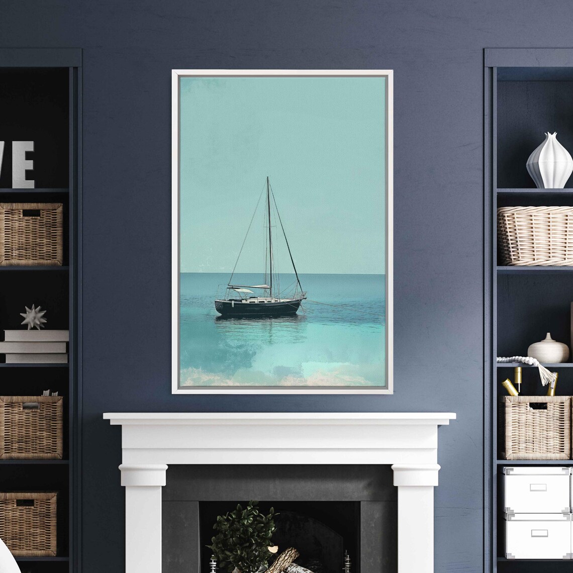 Lone Sailboat Anchored On Calm Turquoise Ocean Minimalist Nautical Poster - Image 3