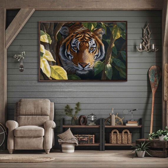 Fierce Tiger Portrait Among Green Foliage Amber Eyes Wildlife Painting Poster