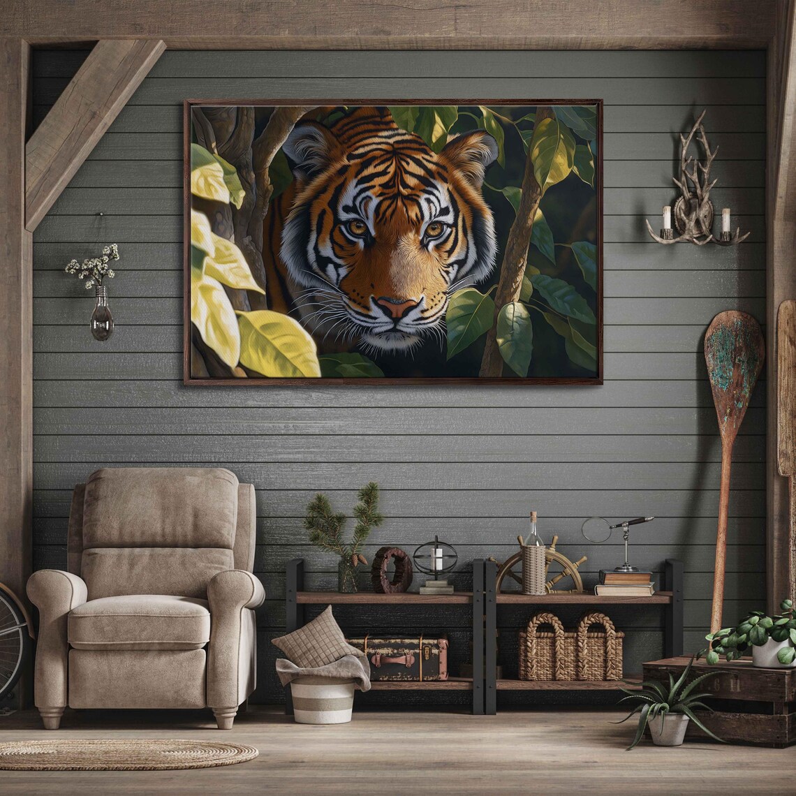 Fierce Tiger Portrait Among Green Foliage Amber Eyes Wildlife Painting Poster