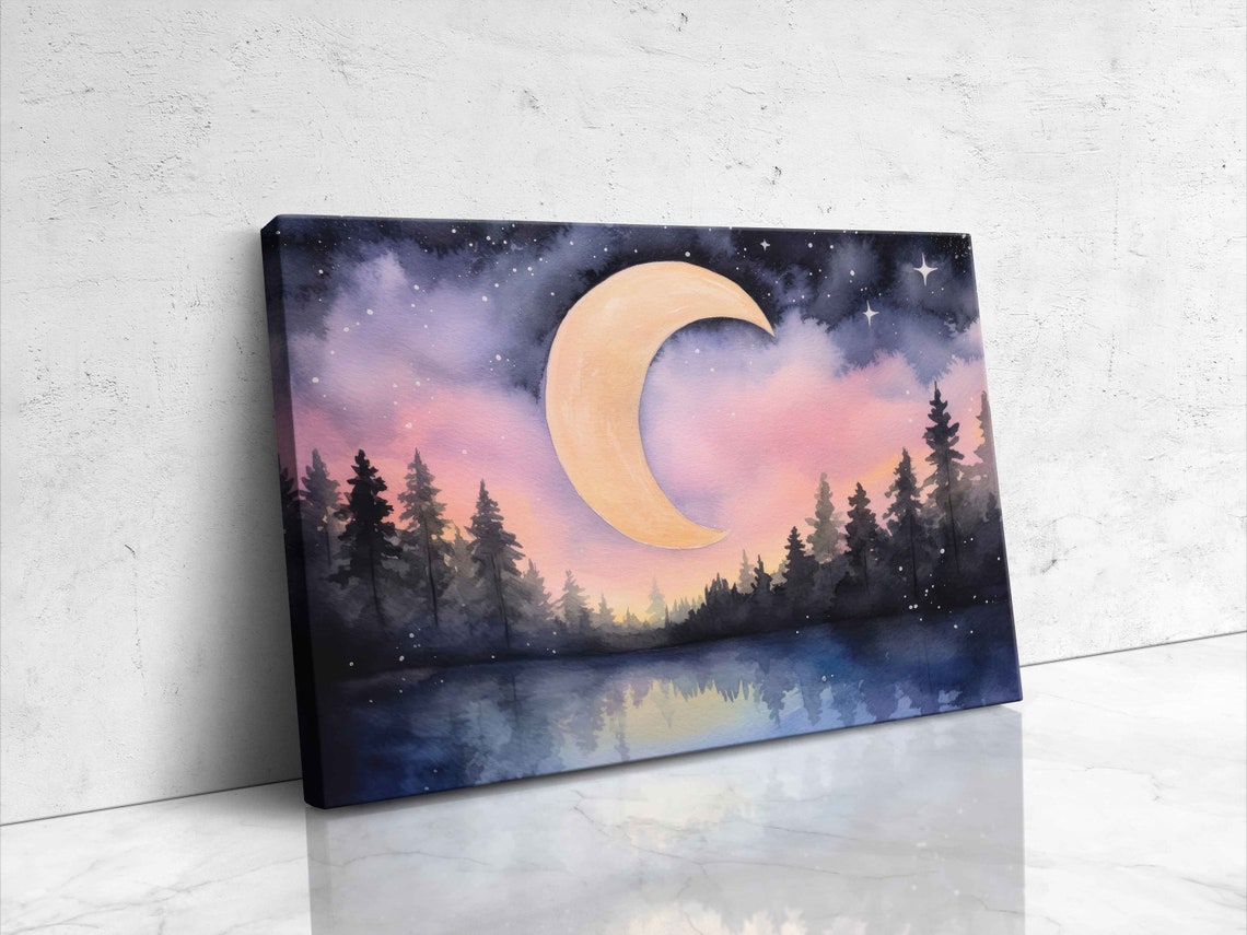 Watercolor Serene Night Sky Moon Print On Ready To Hang - Image 4