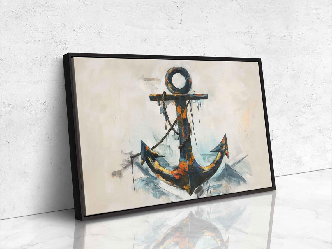 Watercolor Ship Anchor Navy Orange Brush Drips Nautical Wall Poster - Image 4