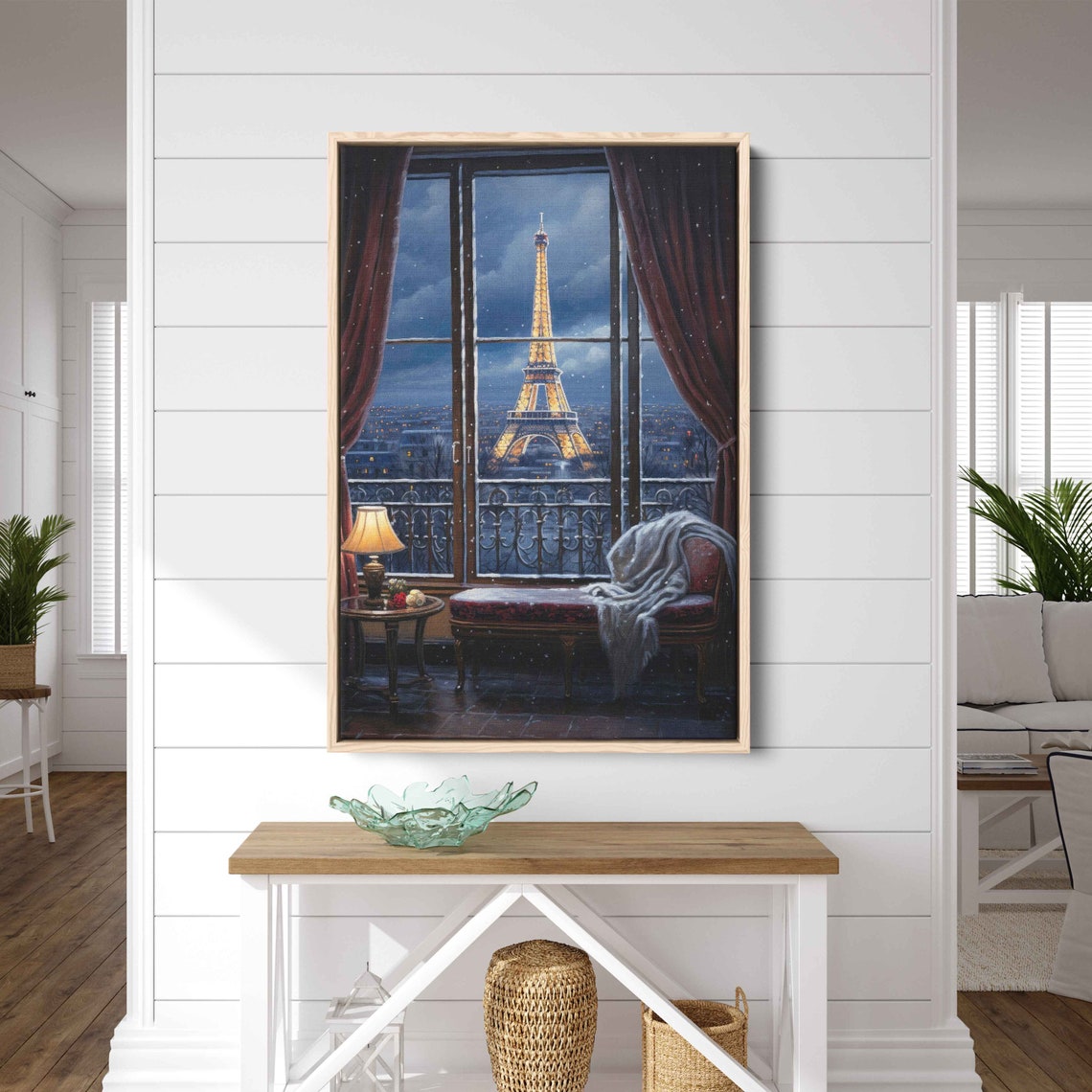 Golden Eiffel Tower Night French Windows Snowy Evening Cozy Poster - Image 2