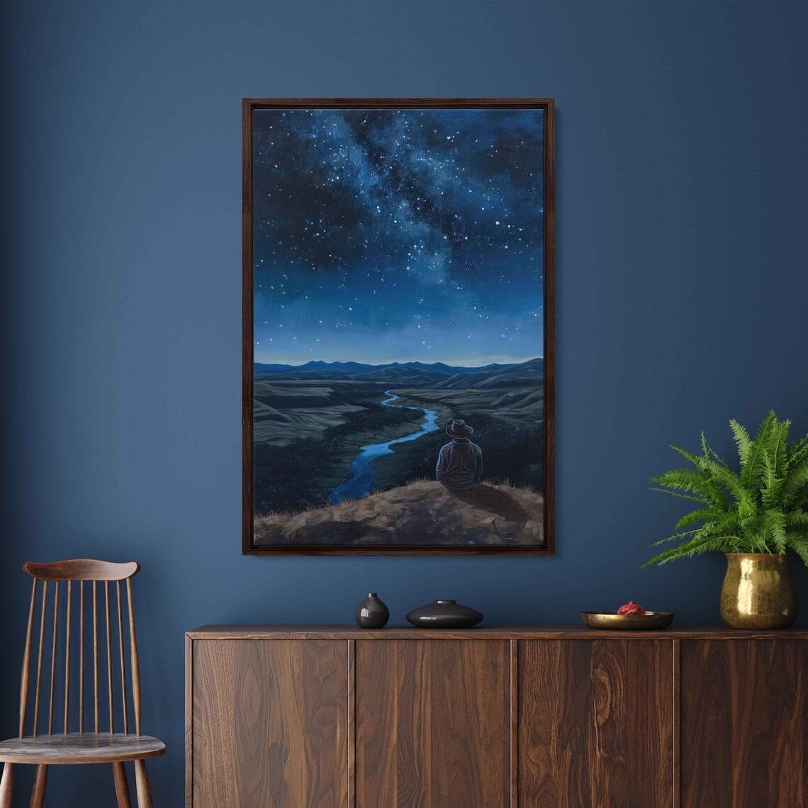 Cowboy Sitting On Cliff Star Filled Sky Mountain Range Peaceful River Wall Art Print Ready To Hang