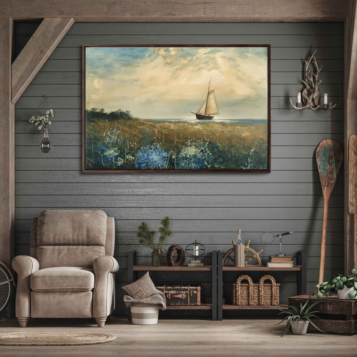 Sailboat On Sea Beyond Wildflower Field Vintage Style Landscape Painting Poster - Image 3