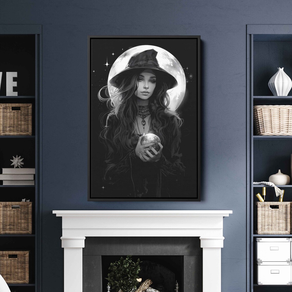Witch Crystal Orb Full Moon Black White Gothic Halloween Portrait Art Print - Image 3