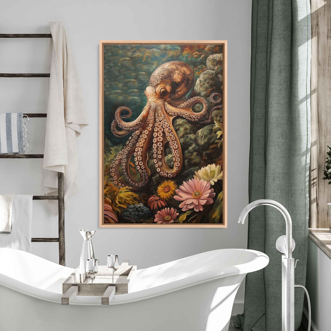 Octopus Perched On Rock Wall Art Print Vibrant Anemones Ocean Colors Nature Inspired - Image 3