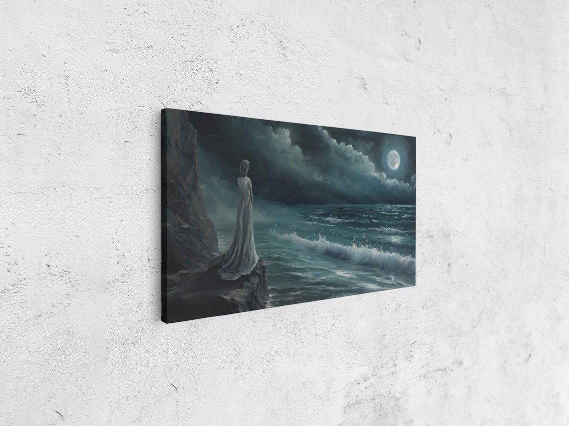 Ghostly Woman Cliff Ocean Moonlight Waves Vintage Gothic Art Print - Image 4