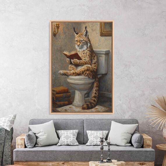 Whimsical Lynx Reading A Book On Vintage Toilet Wall Art Poster