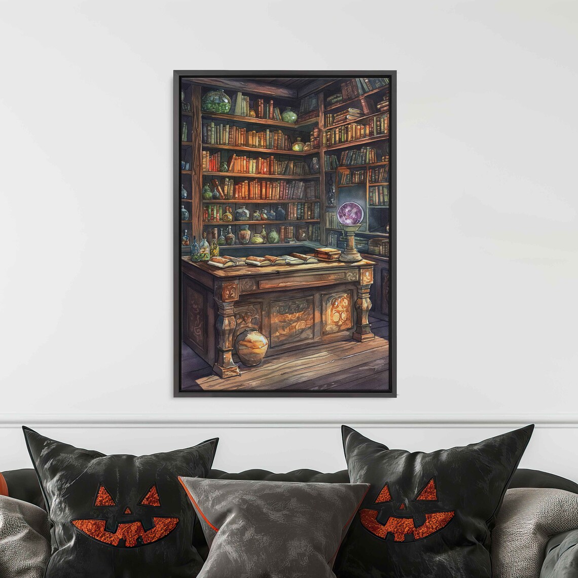 Whimsical Witch Library With Potions Spellbooks And Crystal Ball Poster