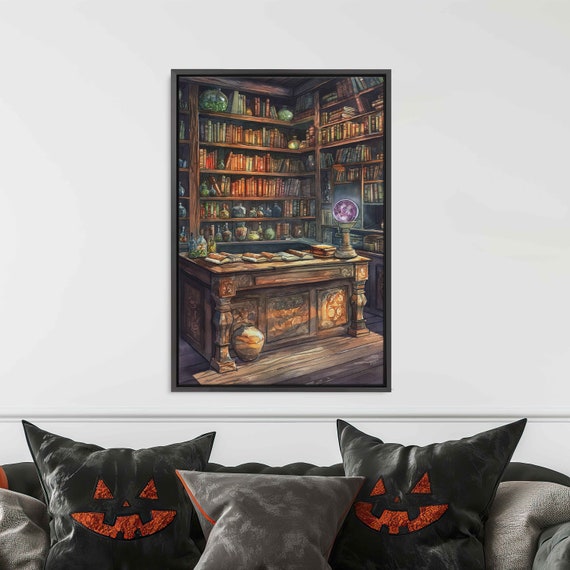Whimsical Witches Magical Library With Potions And Spellbooks Watercolor Wall Art Print Crystal Ball Ready To Hang