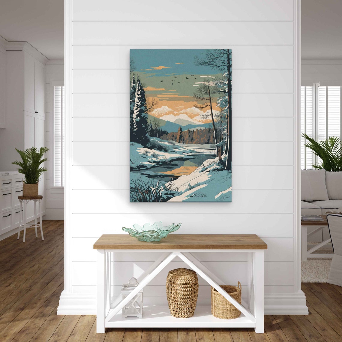 Snowy Winter Forest River Dusk Pop Art Landscape Travel Poster - Image 2
