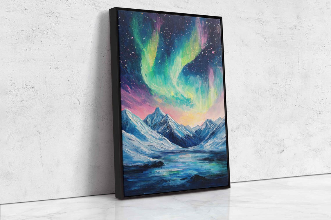 Starry Night Over Snow Capped Mountains Wall Art Print Vibrant Aurora Borealis Colors - Image 4