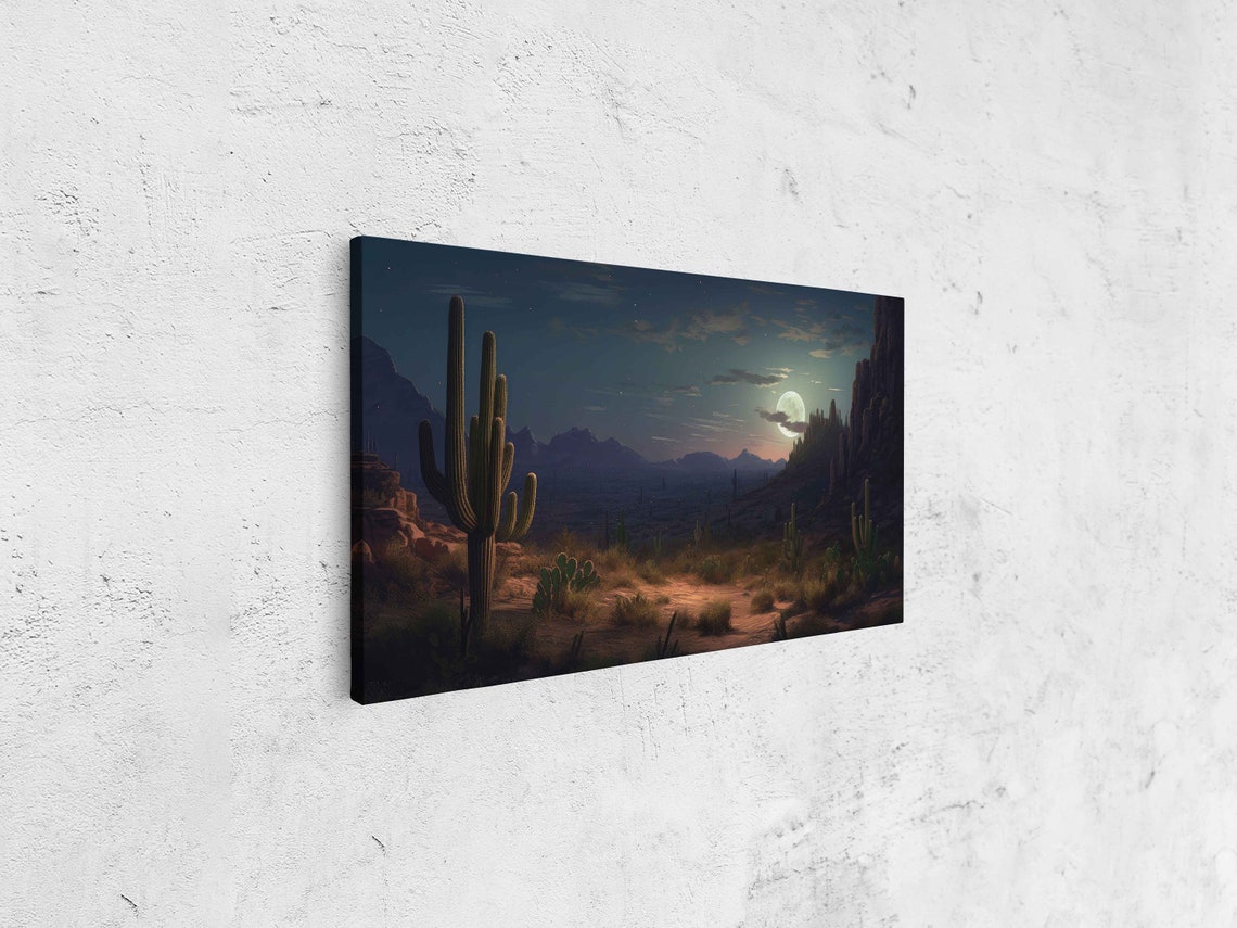 Desert Night Full Moon Glow Saguaro Cactus Landscape Travel Poster - Image 4