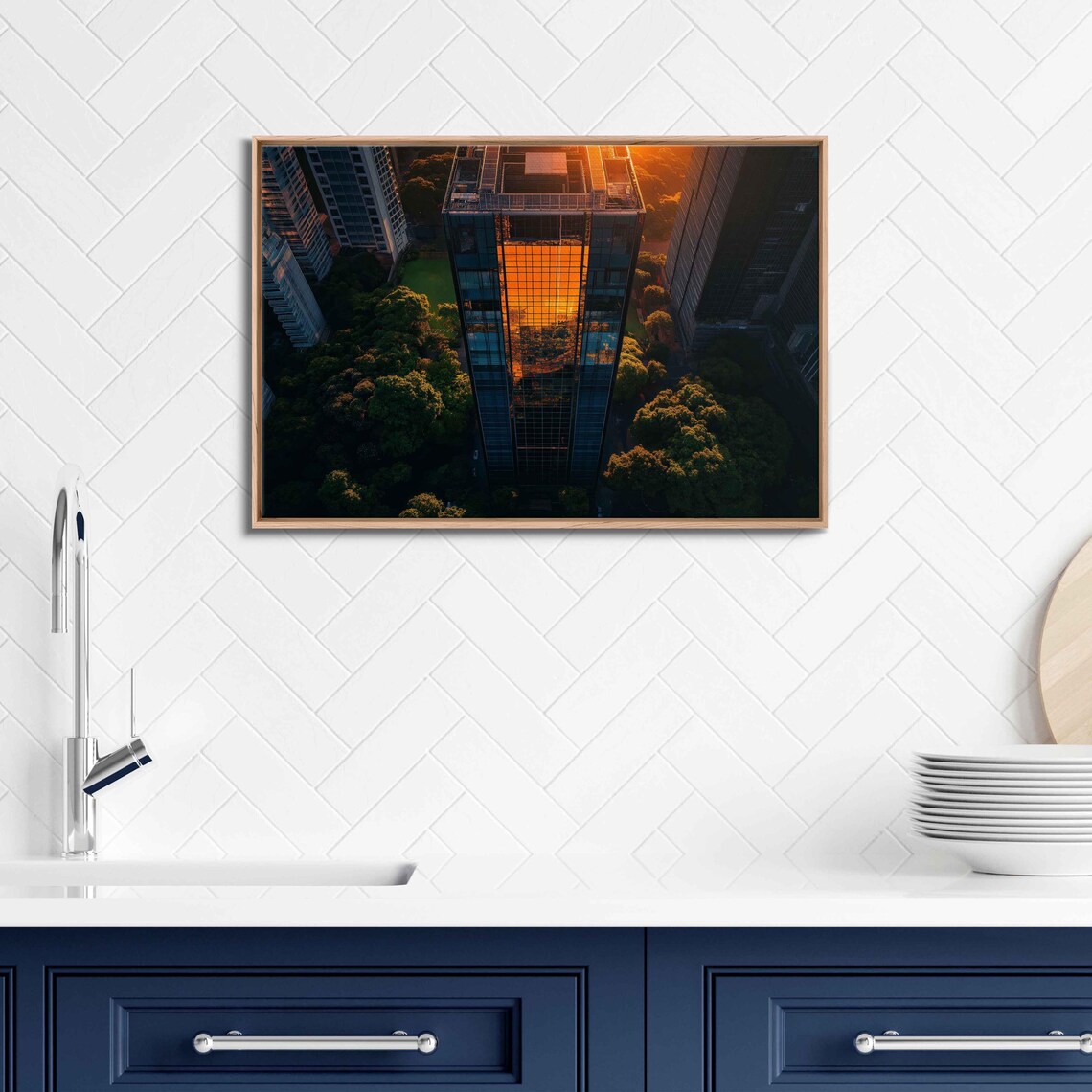 Aerial View Of Skyscrapers, Sunset Reflection Art Print