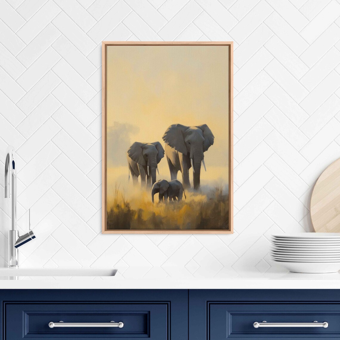 Elephant Family Golden Mist Dawn Painting Mother Calf Savannah Tranquil Wildlife Poster - Image 3